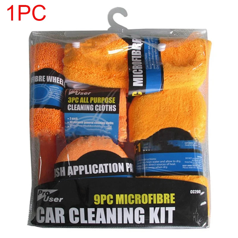 9pcs Car Wash Kit – Towels, Sponge, Glove & Detailing Pads