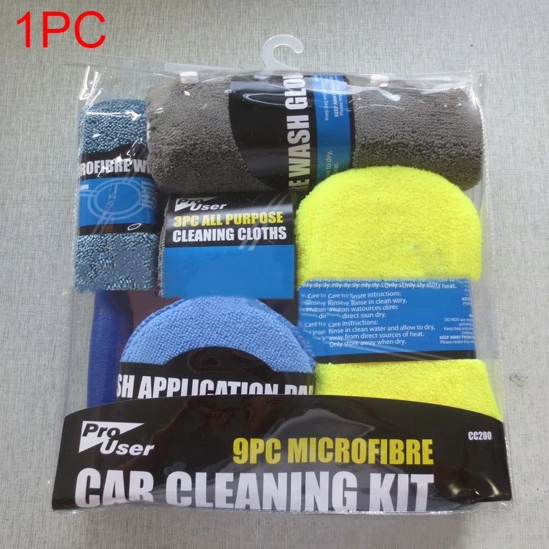 9pcs Car Wash Kit – Towels, Sponge, Glove & Detailing Pads