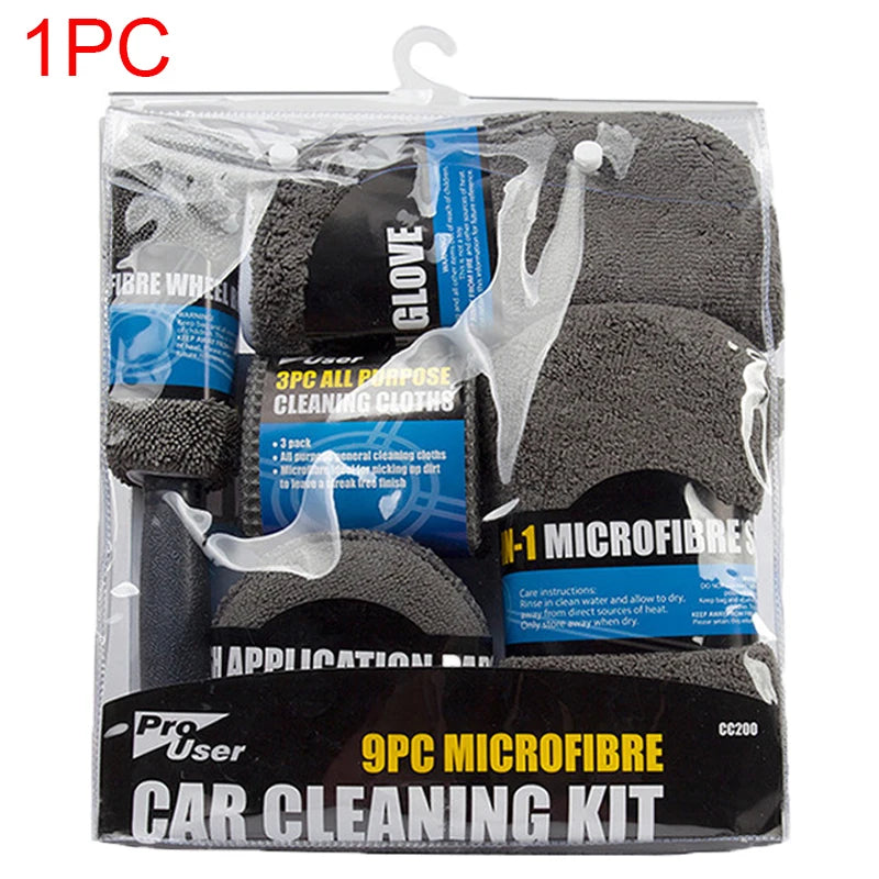 9pcs Car Wash Kit – Towels, Sponge, Glove & Detailing Pads